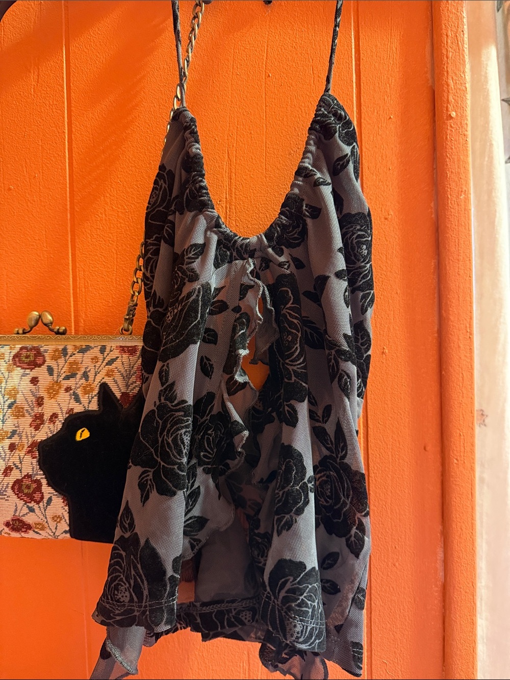 Black Floral Velvet Flyaway Halter Crop Top